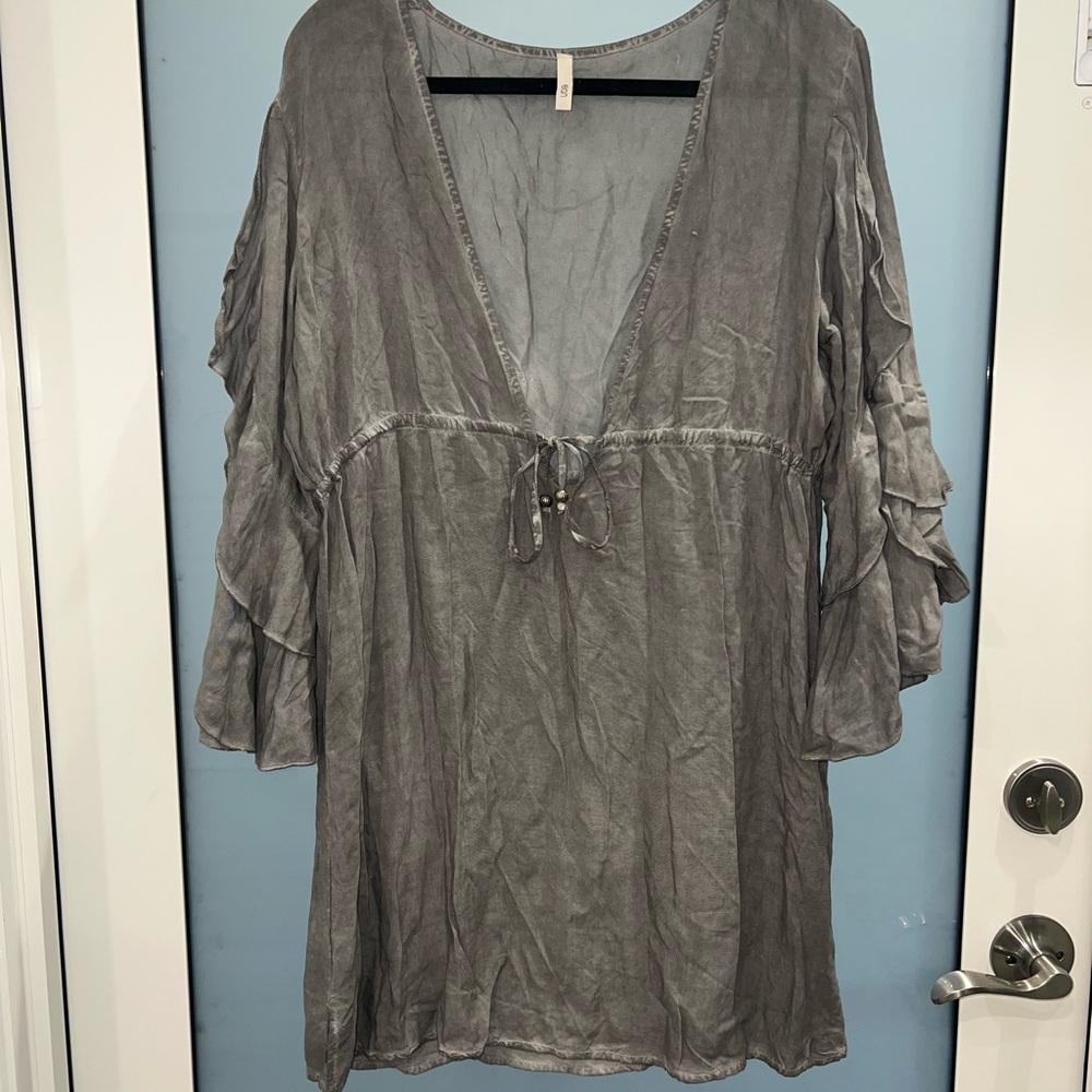 Gray V-Neck Tunic  dress with Ruffle Sleeves